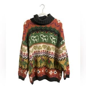 Via Spina Italy Wool Blend Flower Goat Elephant Turtleneck Sweater Large FLAW